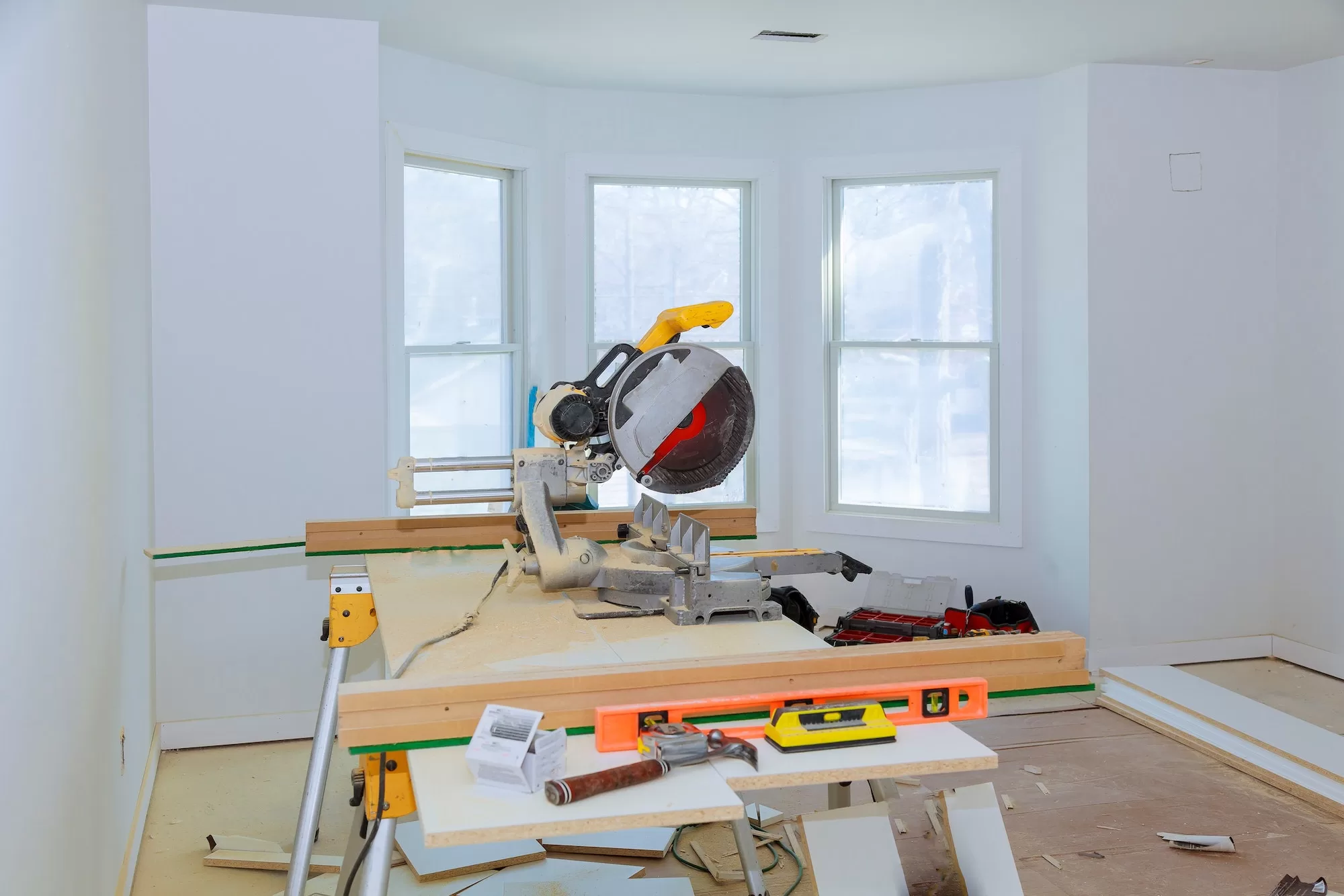 cutting wood on electric saw Interior construction of housing Construction building industry new